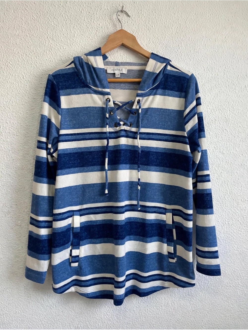 Mystyle Blue White Stripe Hooded Lace Up Hoodie Tunic Pockets Size L